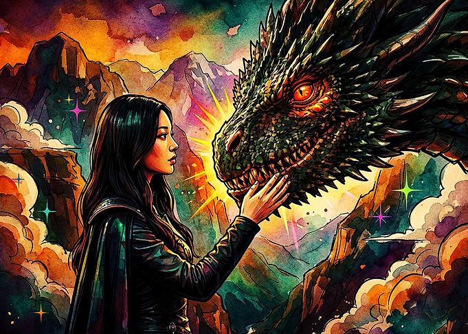 Dragon Girl Fantasy Watercolor Art