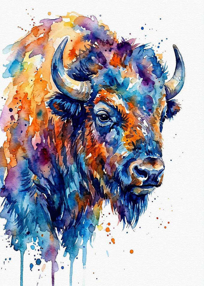 Colorful Watercolor Bison Portrait