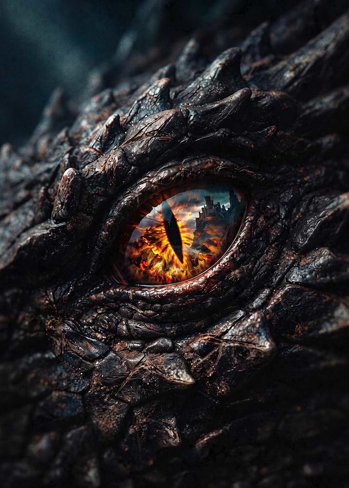 Dragon Eye Reflecting a Dark Castle