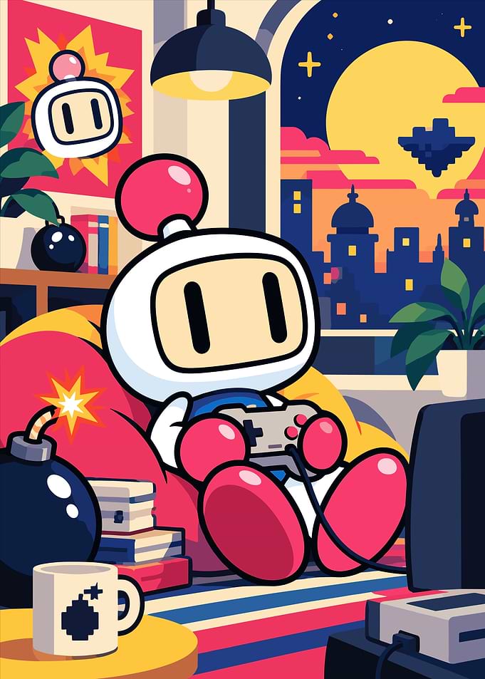 Bomberman Relaxing and Playing Video Games