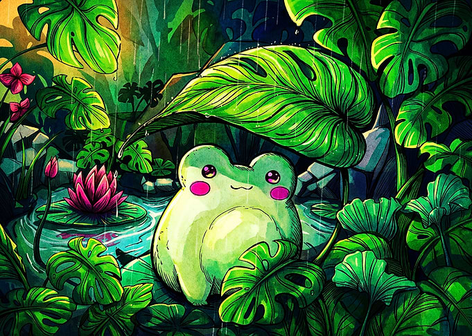 Cute Frog Jungle Rain Kawaii Poster
