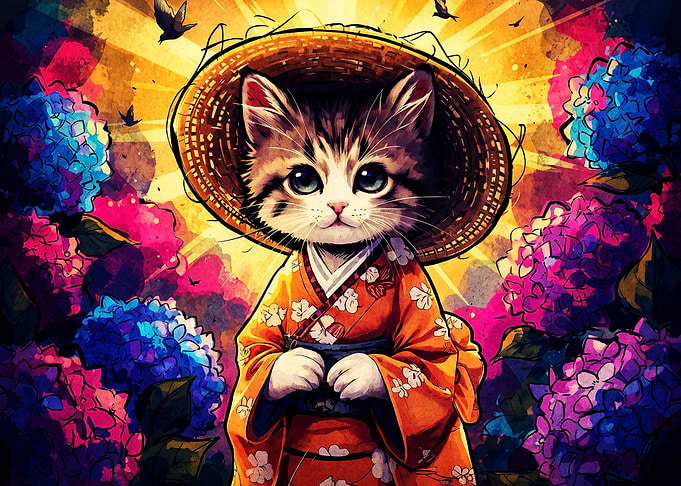 Samurai Cat Kimono Floral Poster
