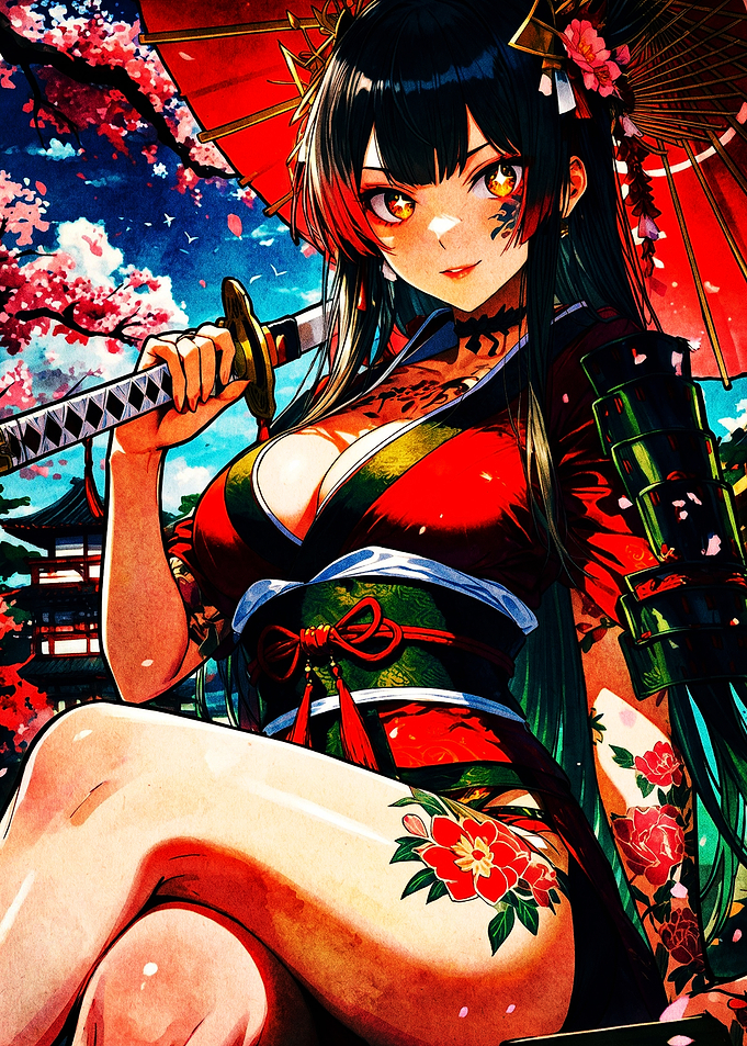 Anime Samurai Girl with Red Umbrella
