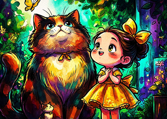 Cat Girl Magical Garden Watercolor