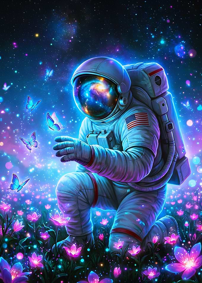 Astronaut Kneeling in Cosmic Flower Field