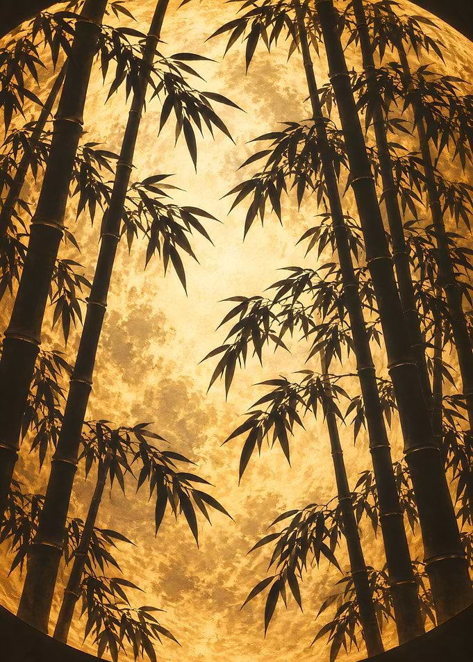 Bamboo Silhouettes Against Golden Moon
