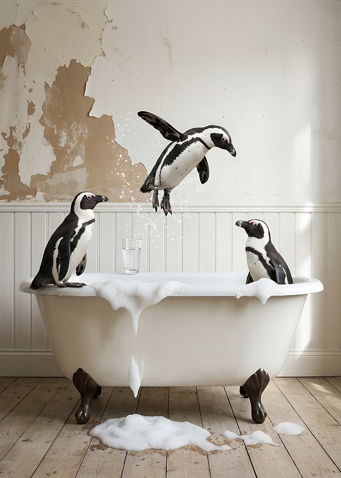 Three Penguins Playing in Bath tub