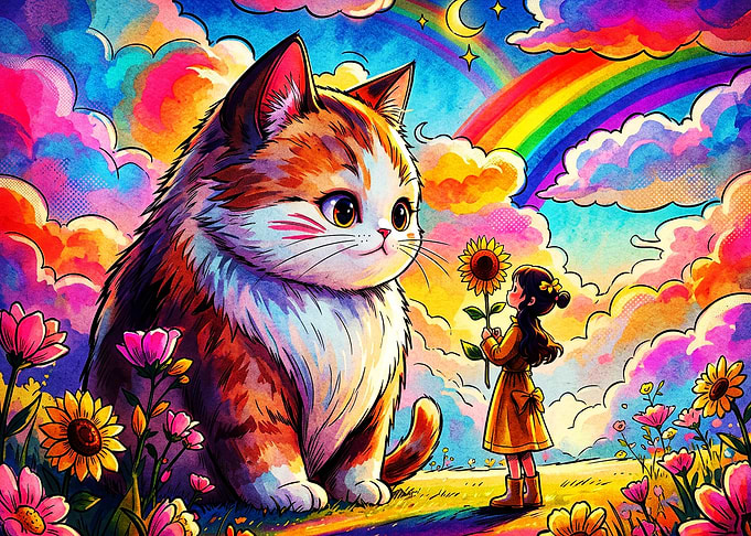 Giant Cat Rainbow Anime Art Poster