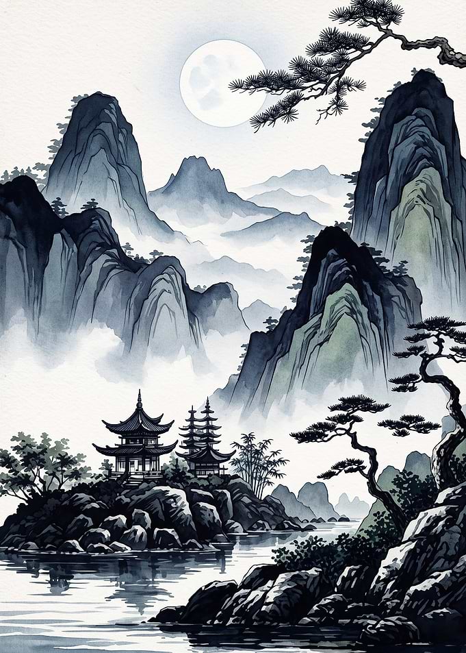 Asian Mountain Landscape Watercolor