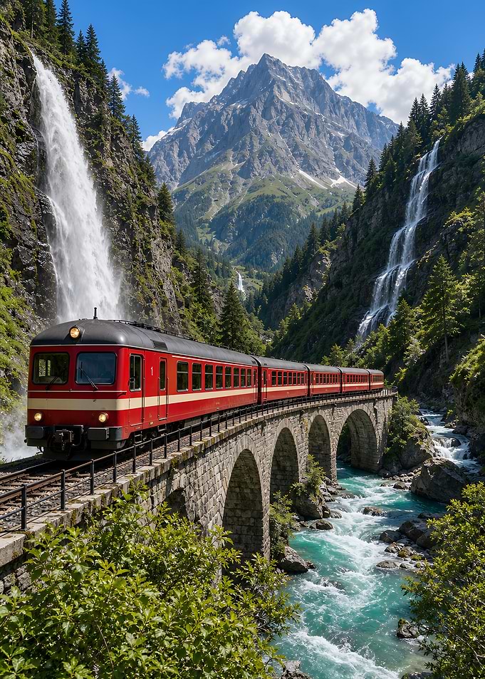 Red Train Crossing Alpine Stone Bridge Waterfall