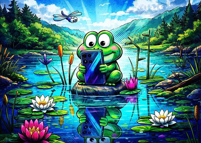 Cute Frog Phone Tech Cartoon Poster