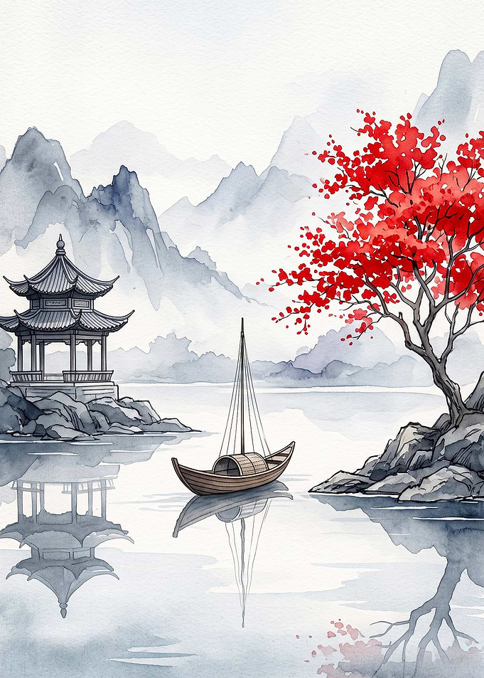 Asian Landscape Red Tree Watercolor