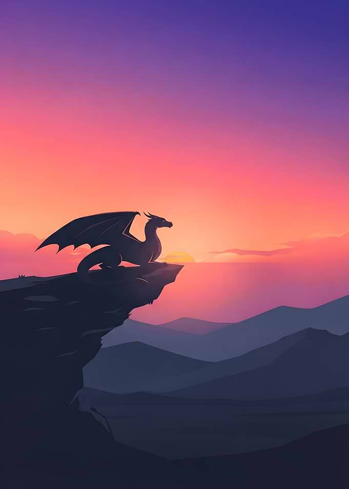 Dragon Perched on Cliff at Sunset