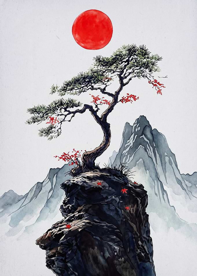 Japanese Bonsai Red Sun Art