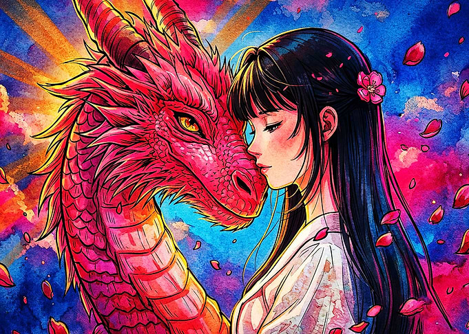 Dragon Girl Fantasy Watercolor Art