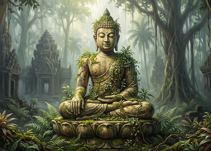 Ancient Buddha Statue in Jungle Ruins