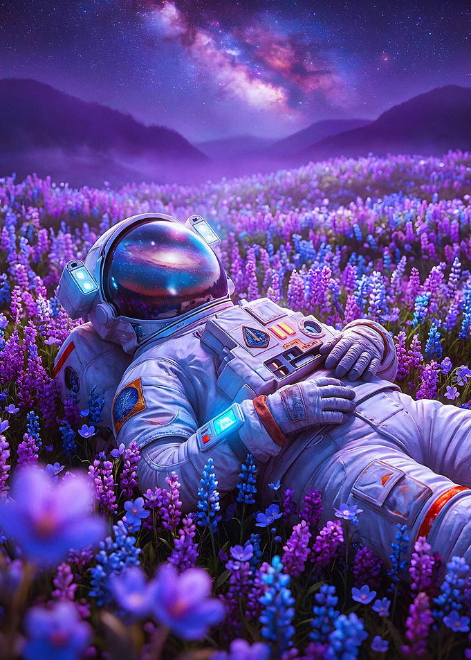 Astronaut Resting in Purple Flower Field