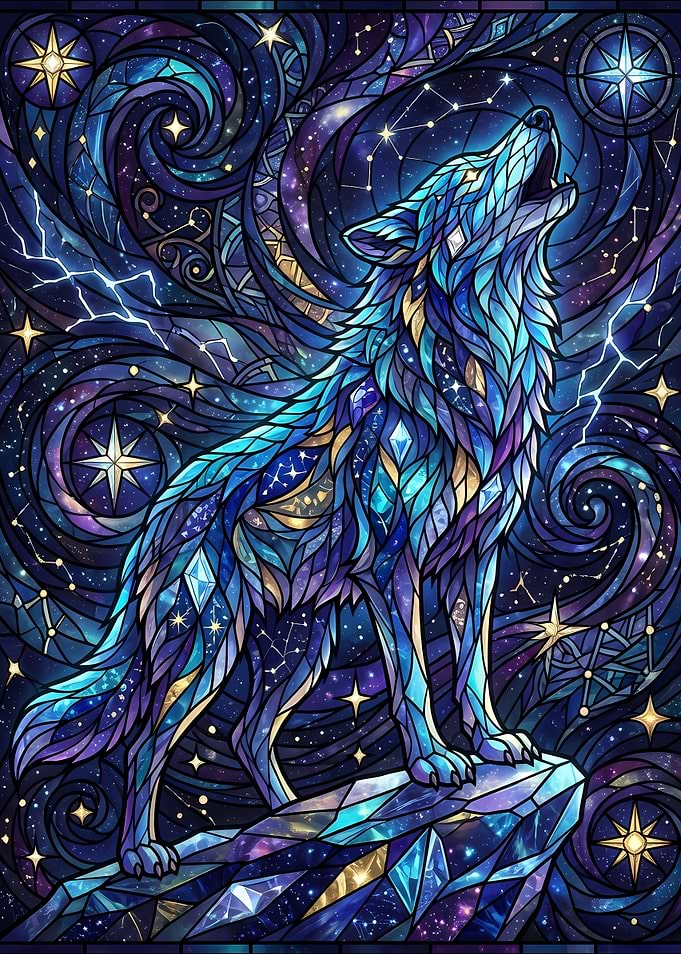 Stained Glass Cosmic Wolf