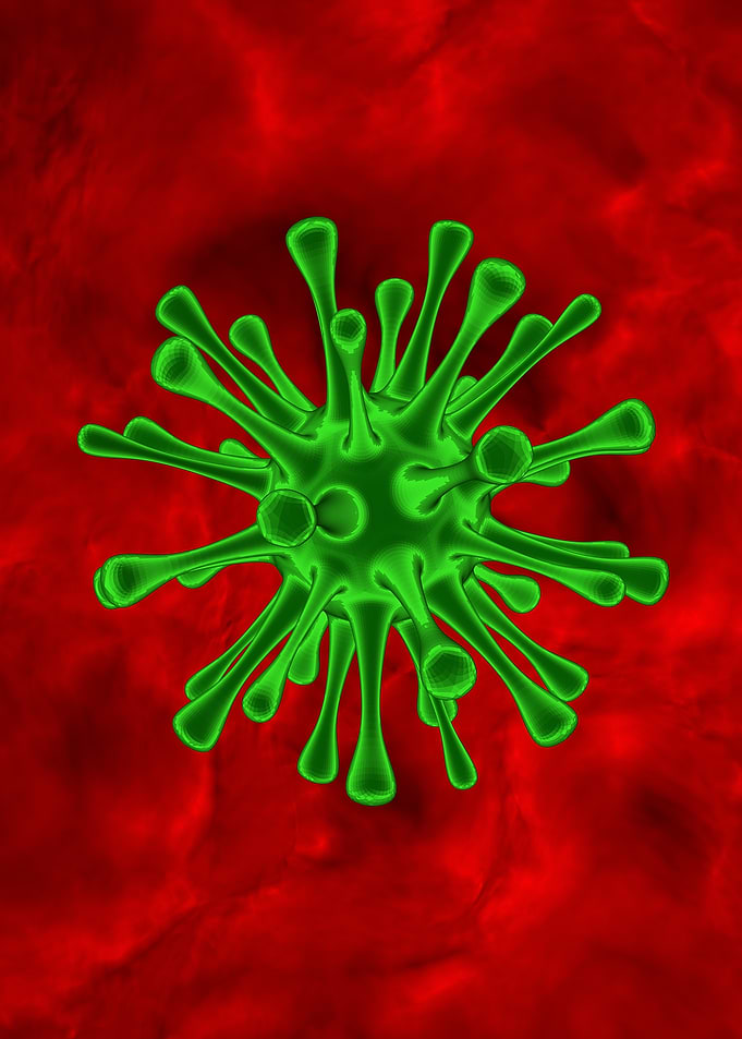 Green Virus Cell on Red Background