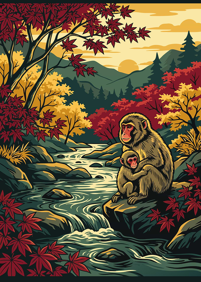 Japanese Macaques by a Mountain Stream