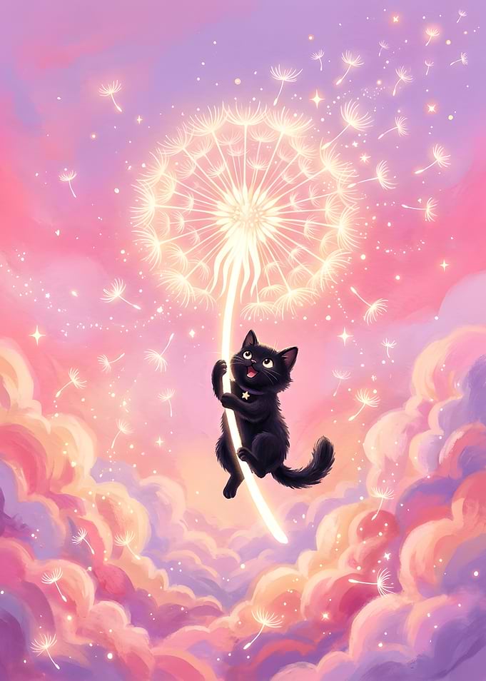 Cute Black Cat Floating with Dandelion Poster — Whimsical Magical Cat Wall Art Fantasy Print