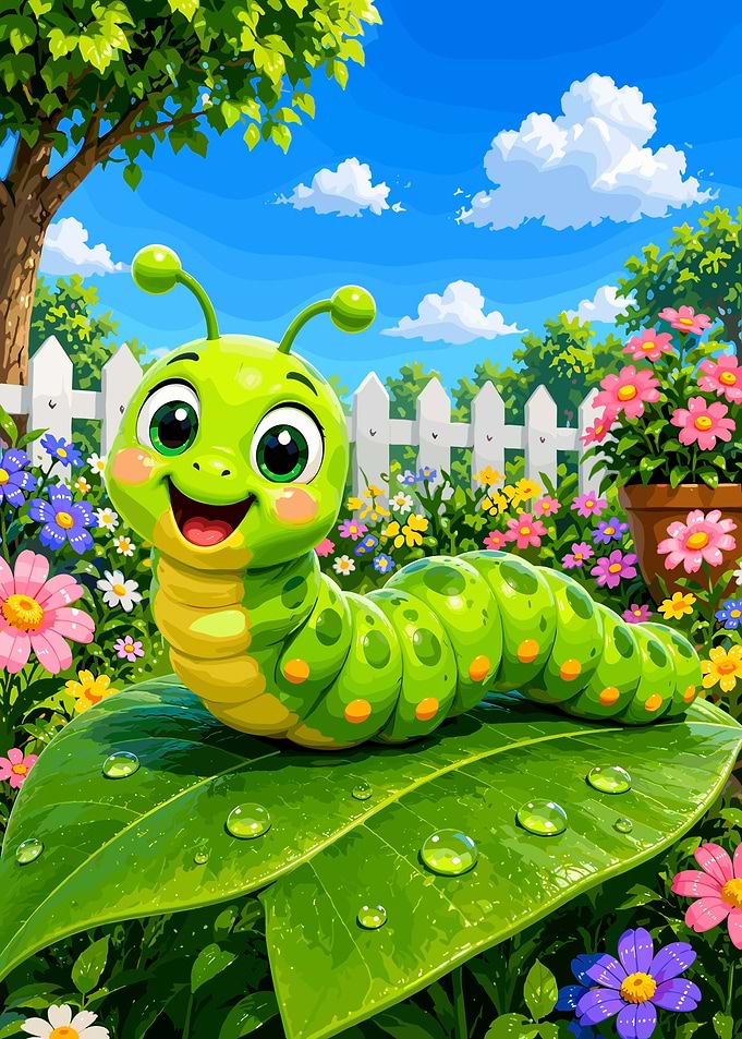 Cute Cartoon Caterpillar in Garden