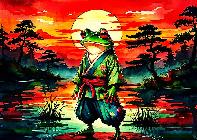 Samurai Frog Sunset Watercolor Art