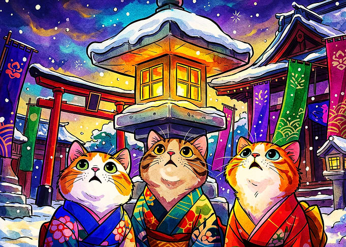 Cats Japanese Temple Snow Watercolo