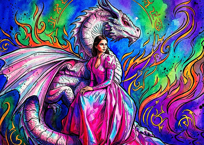 Dragon Princess Neon Watercolor Art