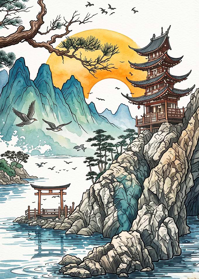 Japanese Pagoda Landscape Art Poste