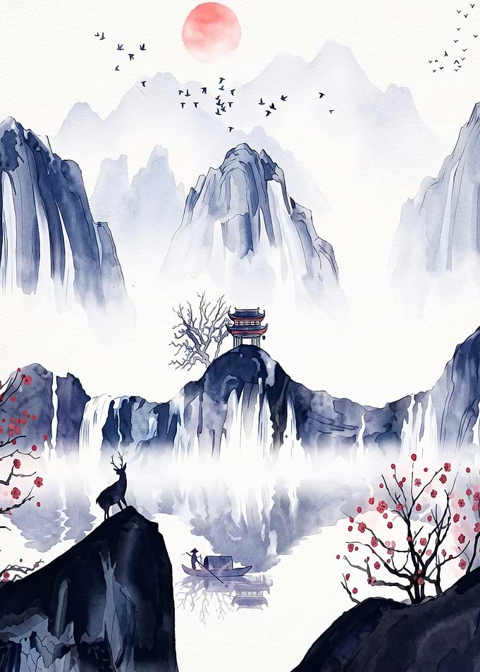 Asian Mountain Temple Watercolor Ar