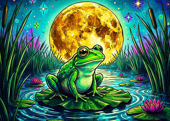 Frog Moon Night Cosmic Art Poster