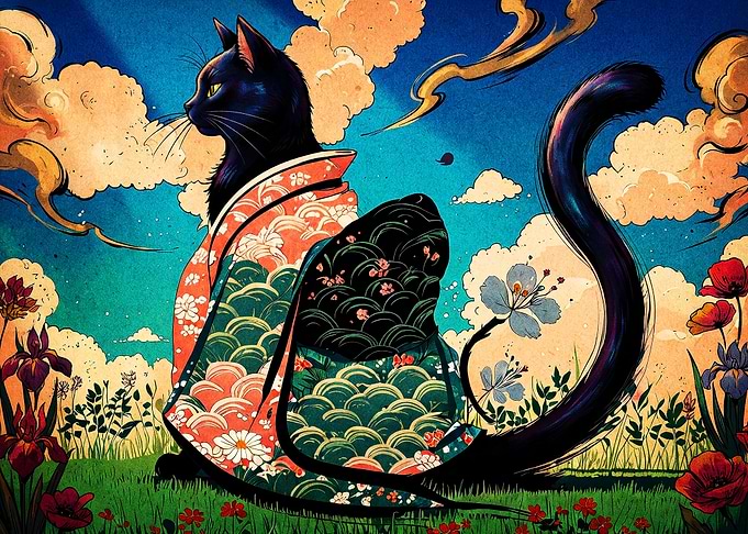 Black Cat Kimono Japanese Ukiyo-e
