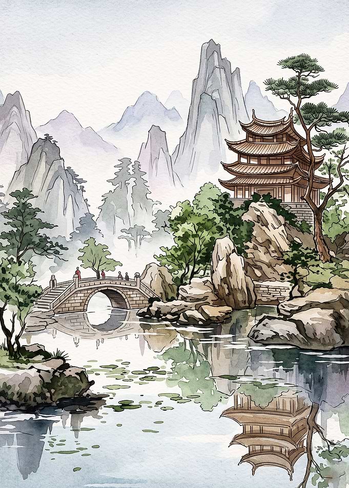 Asian Landscape Pagoda Watercolor A