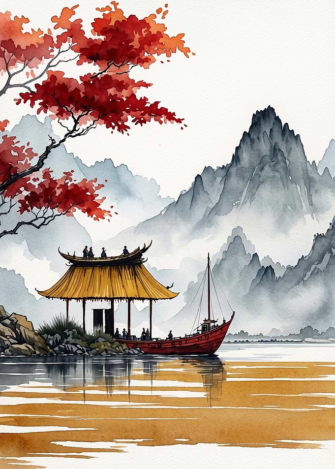 Asian Landscape Watercolor Art