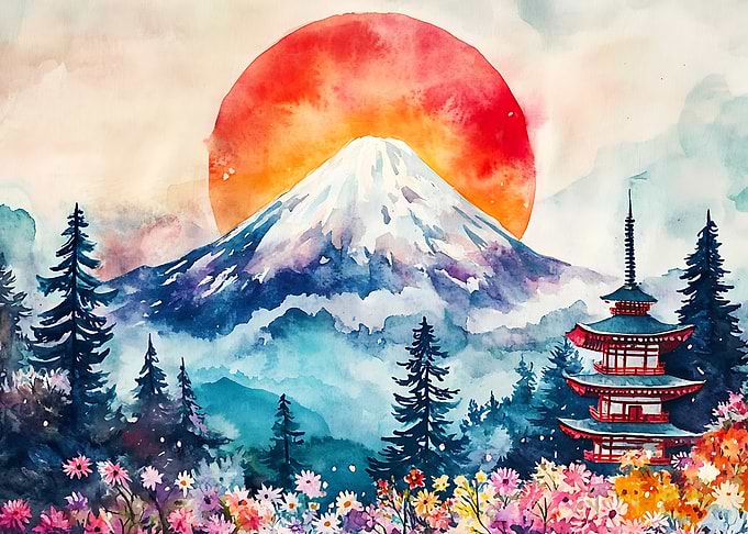 Watercolor Mount Fuji and Pagoda Landscape