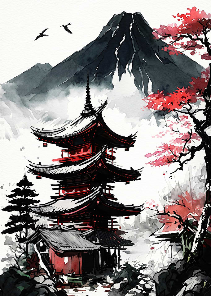 Japan Pagoda Fuji Mountain Ink Art