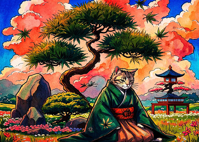 Samurai Cat Bonsai Japanese Art
