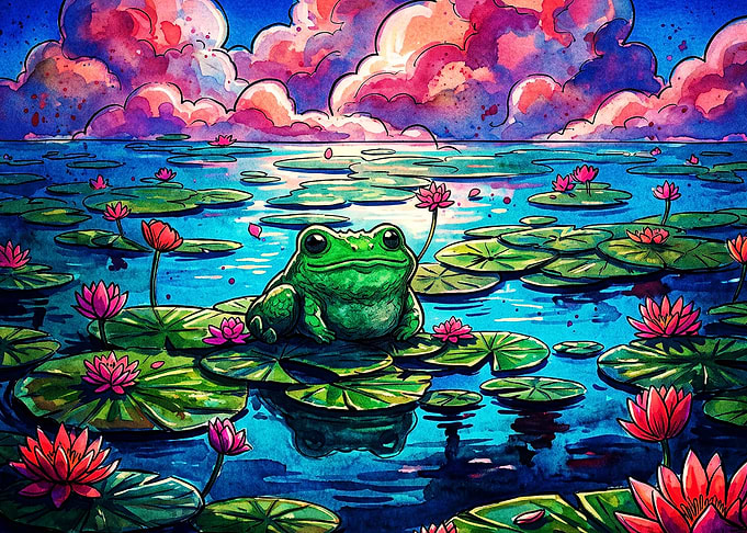 Frog Lotus Pond Watercolor Art Post