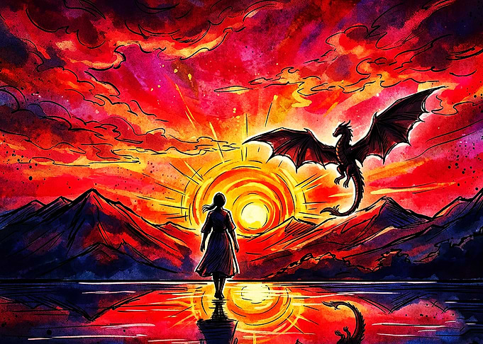Dragon Girl Sunset Watercolor Art
