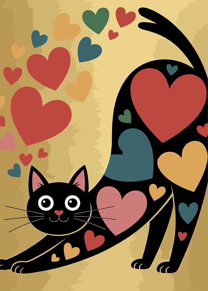 Stretching Black Cat with Hearts