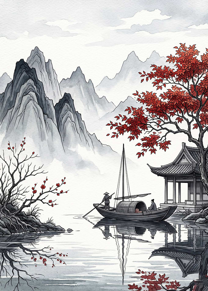 Asian Mountain River Watercolor Art