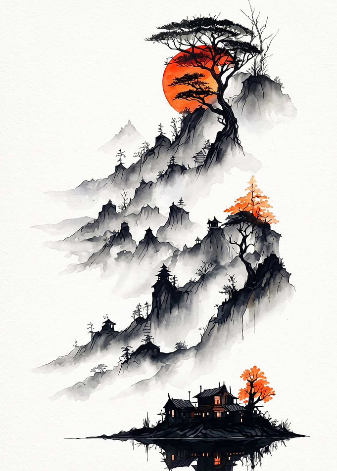 Japanese Mountain Sunset Ink Art