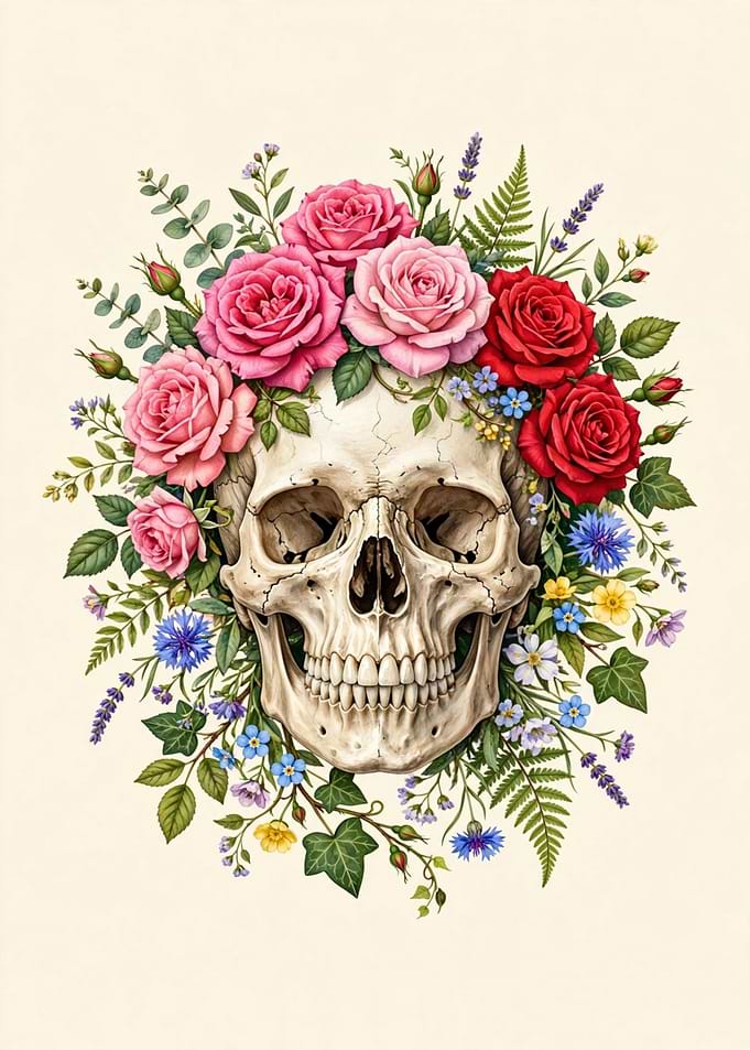 Skull Surrounded by Vibrant Floral Wreath