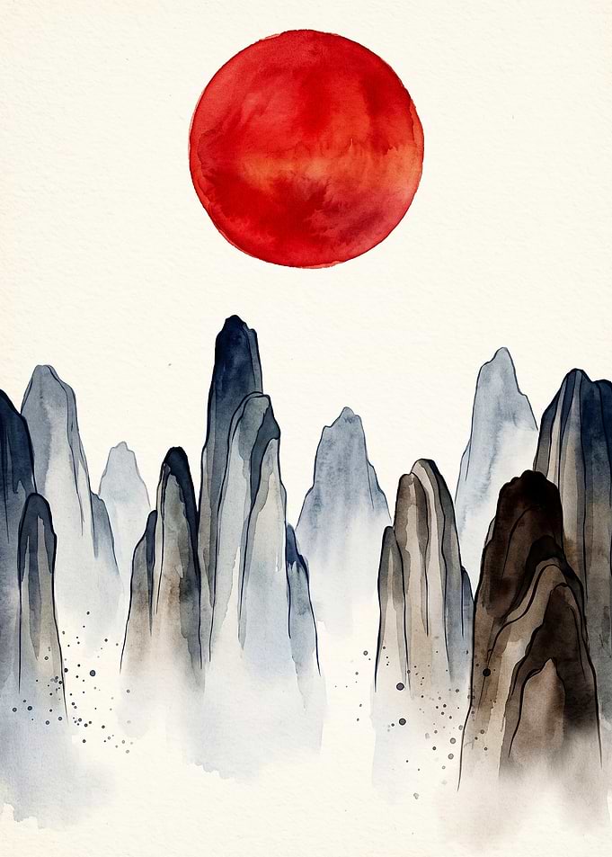 Japanese Mountain Red Sun Watercolo