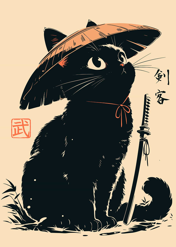 Cute Samurai Black Cat Vintage