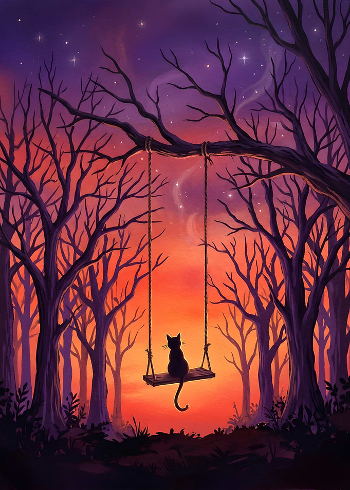 Black Cat on Swing Sunset Forest Poster — Magical Night Sky Wall Art Dark Fantasy Print