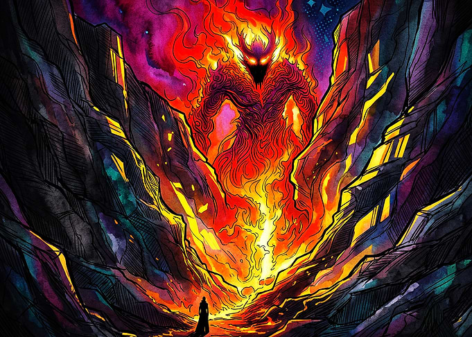 Fire Demon Canyon Dark Fantasy Art