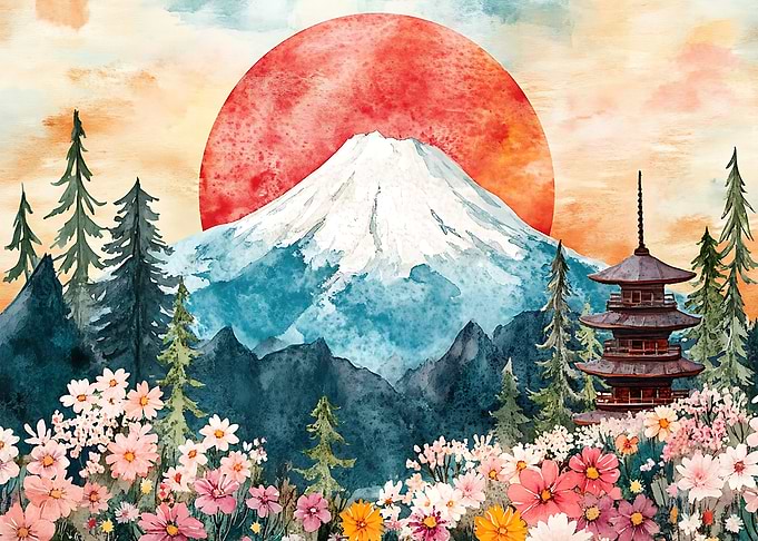 Watercolor Mount Fuji and Pagoda Landscape