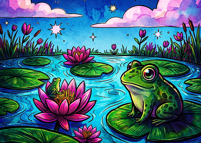 Frog Pond Lotus Flower Cute Art